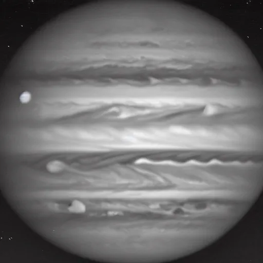 Prompt: a photograph taken by a camera on europa, photograph is of jupiter in the sky, the horizon is visible,