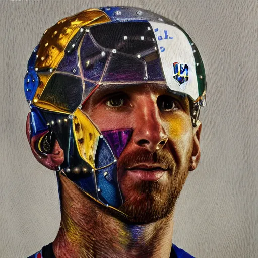 Image similar to portrait of lionel messi as a cyborg, oil painting, mechanical parts, soccer ball, intricate, detail