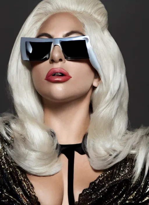 Prompt: lady gaga in the poker face music video, photoshoot by nick knight, full body, wearing versace sunglasses, long platinum blonde hair with bangs fringe, highly realistic. high resolution. highly detailed. dramatic. 8 k. 4 k.
