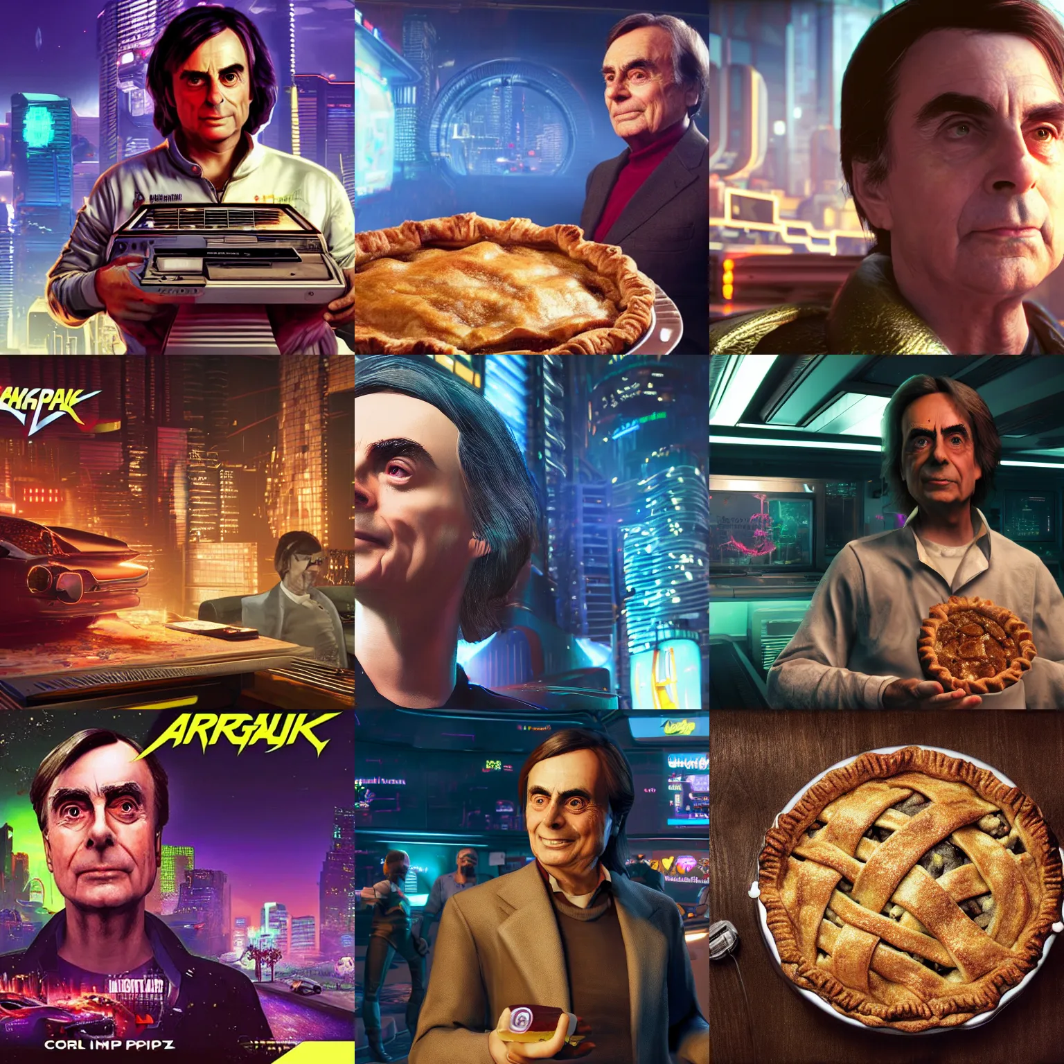 Prompt: carl sagan. whole apple pie. cyberpunk 2 0 7 7. cp 2 0 7 7. 3 8 4 0 x 2 1 6 0