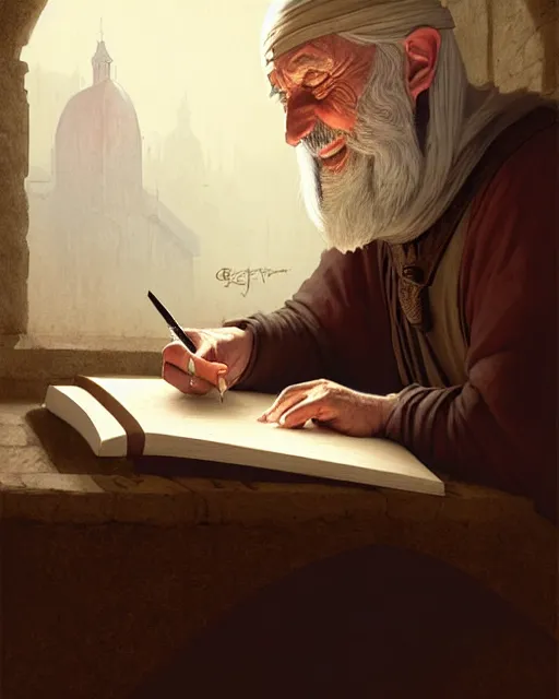 Image similar to old male scribe writing a book, middle ages | | realistic shaded, fine details, realistic shaded lighting poster by greg rutkowski, diego gisbert llorens, magali villeneuve, artgerm, jeremy lipkin and rob rey