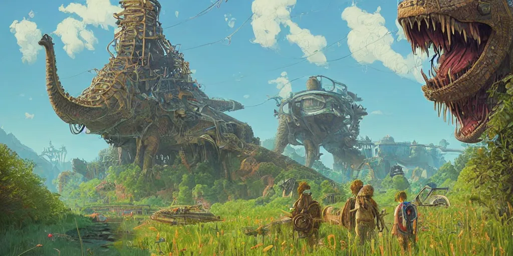 Image similar to #art #hyperreal #intricate simon-stålenhag-dinotopia-botw-studio-ghibli, [32k hd]^10