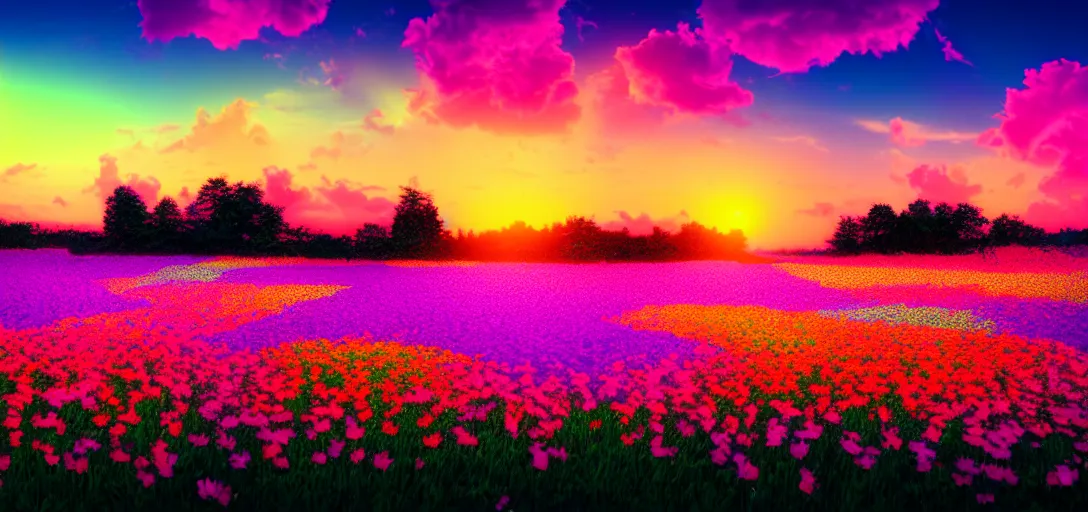 Image similar to an impossible field of beautiful neon colored flowers with a beautiful sunset, vaporwave