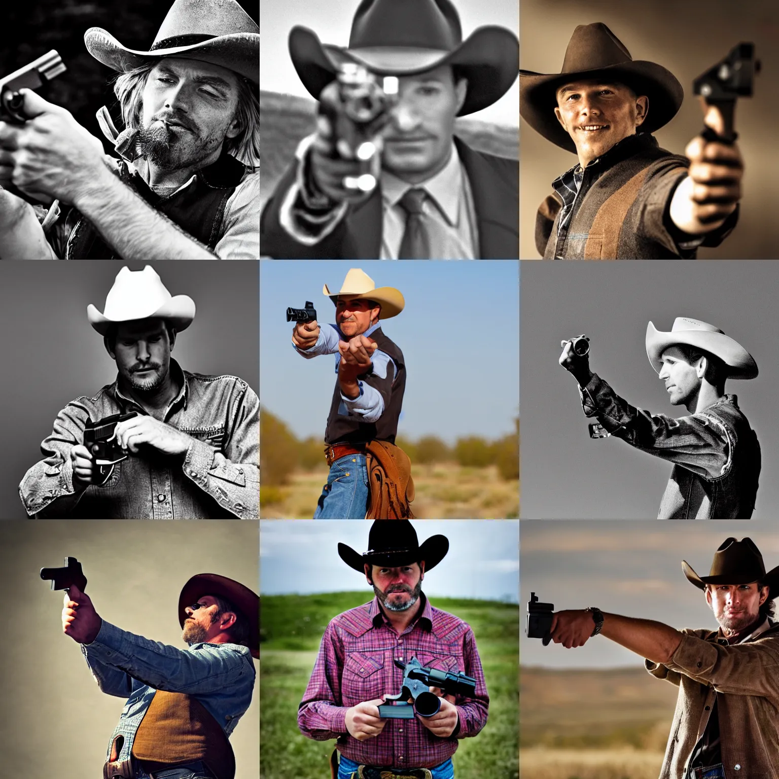 Prompt: A cowboy pointing a revolver at the camera