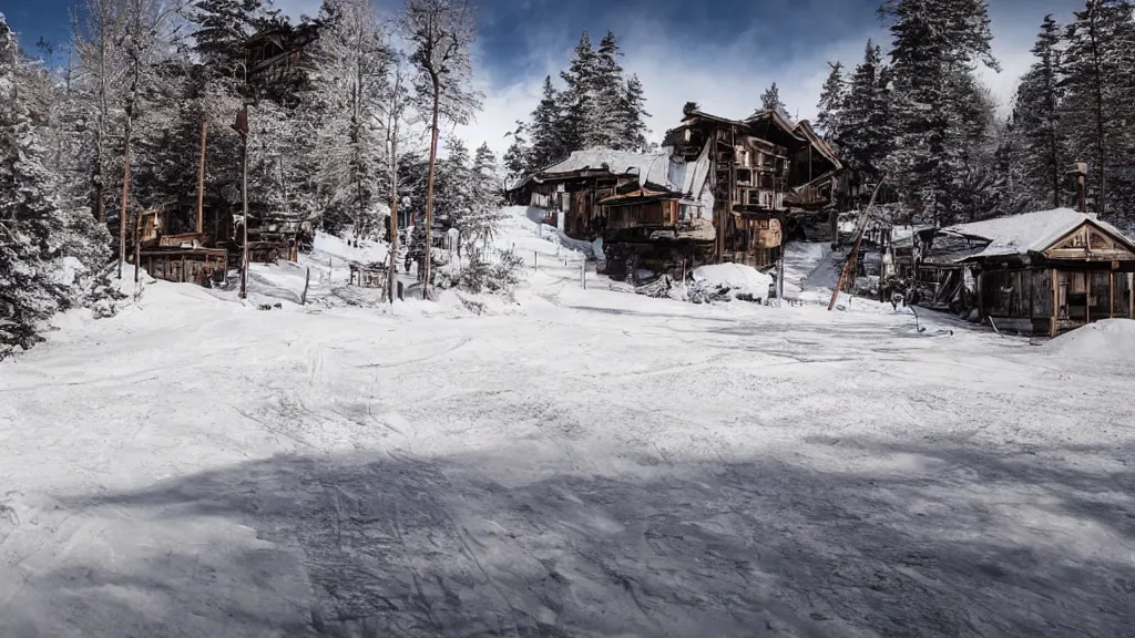 Image similar to beautiful Nier Automata landscape at an abandonned ski station, near a chairlift, winter