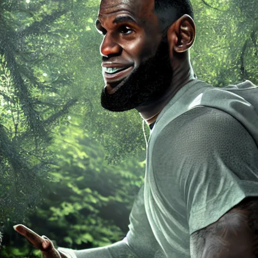 Image similar to lebron james doing yoga in the forest, high detail shot, smoking, render, cgsociety, photorealism