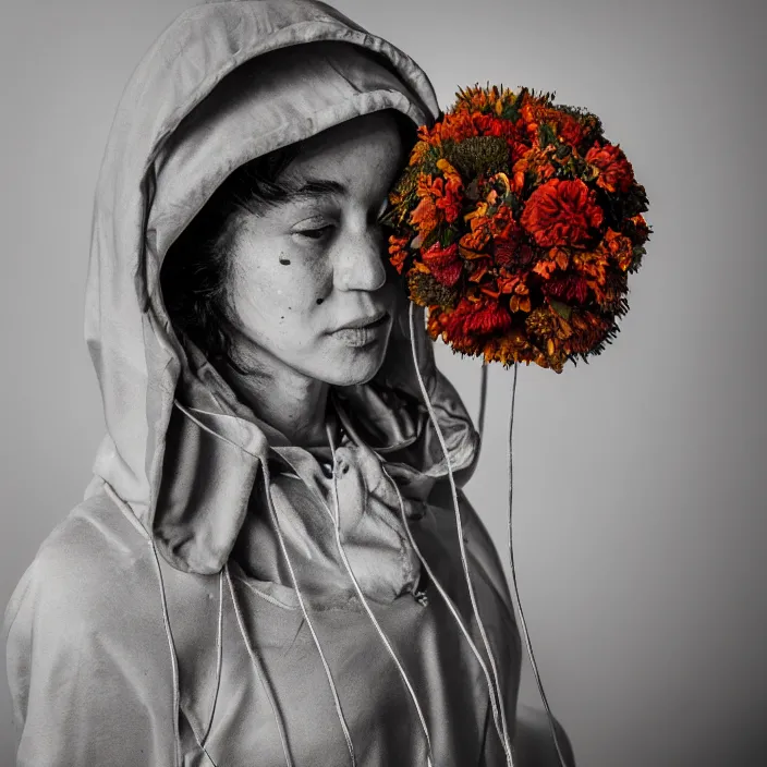 Image similar to a woman wearing a hood made of wire and zinnias, in an abandoned office building, canon eos c 3 0 0, ƒ 1. 8, 3 5 mm, 8 k, medium - format print