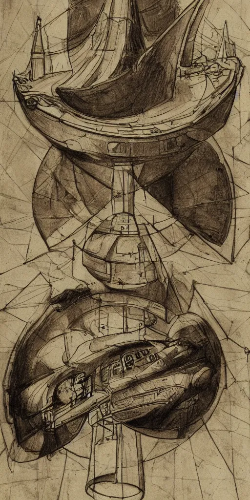 Image similar to a sinister fine - line ink sketch of a russian spaceship by charles sillem lidderdale in the style of renaissance art, 8 k