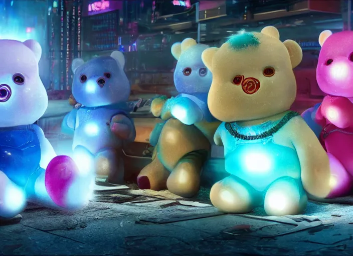 Prompt: film still of cyberpunk care bears in new sci - fi movie, 4 k