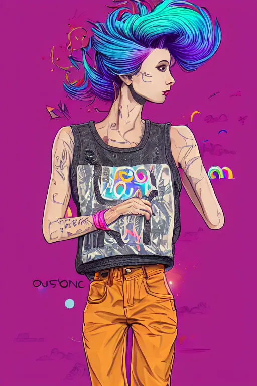 Image similar to a award winning half body portrait of a beautiful woman with stunning eyes in a printed croptop and cargo pants with rainbow colored ombre hairstyle head in motion and hair flying by josan gonzales, outrun, vaporware, shaded flat illustration, digital art, trending on artstation, highly detailed, fine detail, intricate