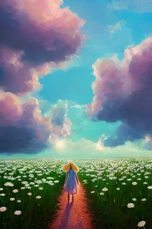 Image similar to giant white daisy flowers as head veil, girl walking in a flower field, surreal photography, sunrise, dramatic light, impressionist painting, colorful clouds, digital painting, artstation, simon stalenhag