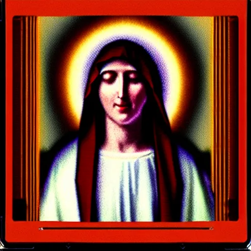 Image similar to vhs inference static pause of virgin mary, vhs, 1 9 9 0, highly realistic, highly detailed