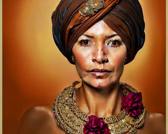 Image similar to mindblowing portrait of an elegant tan woman in her 5 0 s, ornate turban, brown eyes, ruby and gold jewelry, deep focus, symmetrical face, d & d, fantasy, intricate, elegant, highly detailed, digital painting, artstation, concept art, matte, sharp, illustration, hearthstone, art by artgerm and greg rutkowski and alphonse mucha