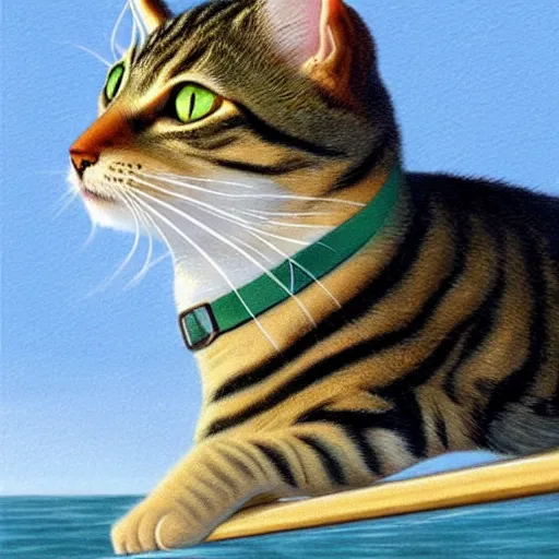 Prompt: tabby cat with green eyes steering a sail boat, trending on artstation