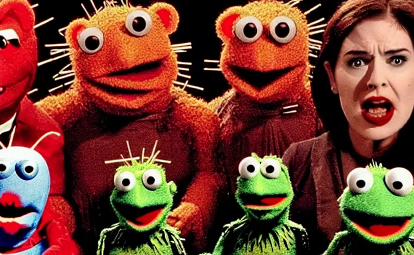 Prompt: the movie Hellraiser but it's all muppets vfx film