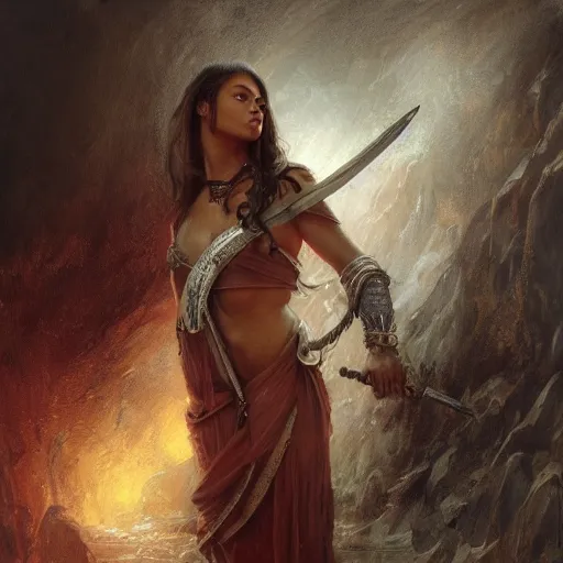 Prompt: artstation concept of a beautiful girl holding a sword in both hands, brown skin, face, silver garment, shiny colorful, hyperdetailed, artstation trending, world renowned artists, worth1000.com, historic artworks society, antique renewel, cgsociety, by greg rutkowski, by Gustave Dore, Deviantart