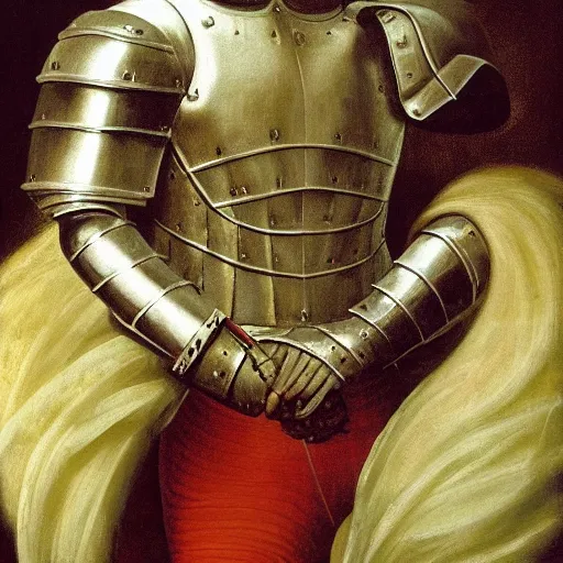 Image similar to a realistic painting by Raffaello Sanzi depicting the knight in shining armor with the head of the symbiotic Carnage in the Renaissance.