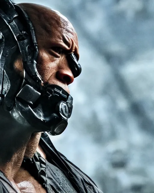 Image similar to film still close up shot of dwayne johnson as bane from the movie the dark knight rises. photographic, photography