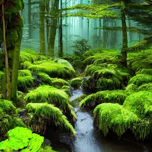 Prompt: 3 0 round pools of water in a forest, the wood between the worlds, narnia, lush green forest, moss and ferns, ferns,