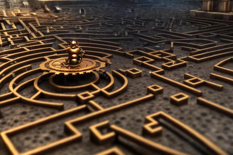 Image similar to a single steampunk robot in a maze by otto dix, tilt shift, ultra realistic, unreal engine, trending on artstation, 4 k