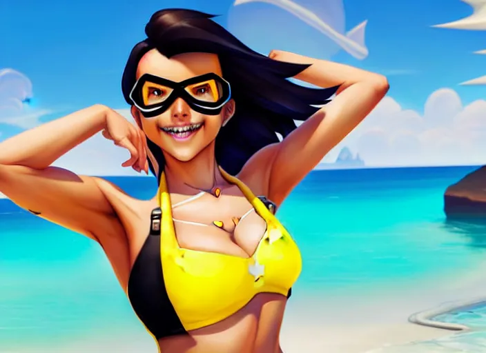 Prompt: style overwatch tracer, hyperrealism, a girl with black hair, with a very beautiful symmetrical face, a smile on her face, tanned skin, in a yellow bikini, against the background of a sea beach, high detail, digital photograph