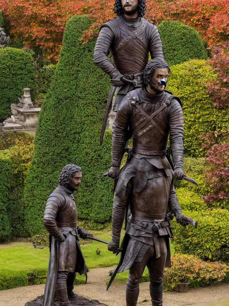 Image similar to detailed photo of old bronze patina statue of jon snow, game of thrones, super highly detailed, full body view, various poses, the garden of a castel in background, photorealism, intricate detail, museum diffuse lighting, autumn sunlights