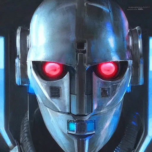 Prompt: robot with glowing blue eye slit as a realistic scifi cyberpunk knight, closeup portrait art by donato giancola and greg rutkowski, realistic face, digital art, trending on artstation, symmetry!!!