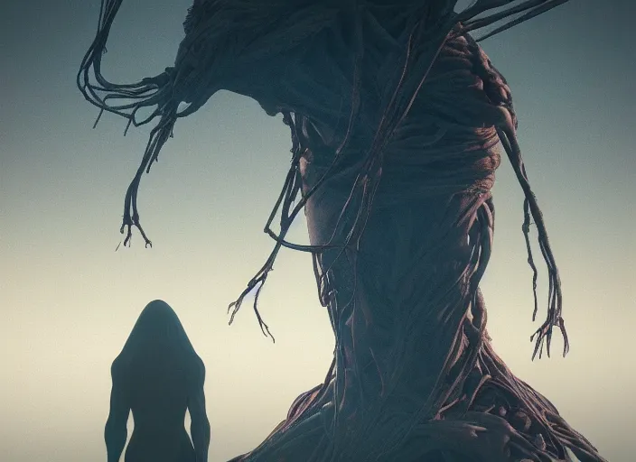 Image similar to rgb, woman looking at a giant monster, dynamic pose,, on an alien planet, movie scene, inspired by zdzislaw beksinski, clothes made out of veins,, cables everywhere, bedroom, ultra realistic, concept art, intricate details, highly detailed, photorealistic, octane render, 8 k