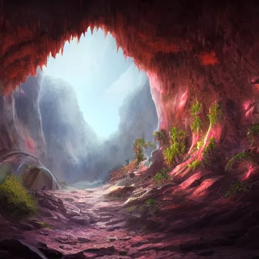 Prompt: beautiful matte painting of a fantasy cave entrance