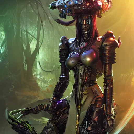 Prompt: mystical evil scifi cyborg android queen with obsidian eyes, wearing an elaborate medieval helmet, in a jungle of subsurface wax tendril leaves, volumetric lighting, realistic concept art, octane render, 8 k, unreal engine, art by todd mcfarlane and artgerm and greg rutkowski and alphonse mucha