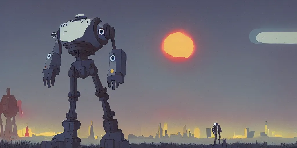 Image similar to Iron Giant, Portrait, Subject in Middle, Subject in center, Rule of Thirds, Retrofuturism, Simon Stålenhag