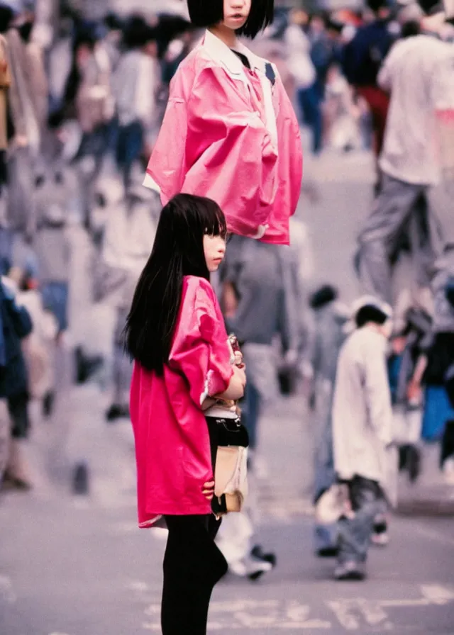 Image similar to a street fashion photograph of a young japanese woman in 9 0 s fashion, in tokyo akihabara, shot on cinestill 5 0 d with a canon 3 5 mm at f / 5. 6 lens, print magazine, photorealistic, nineties nostalgia, 4 k