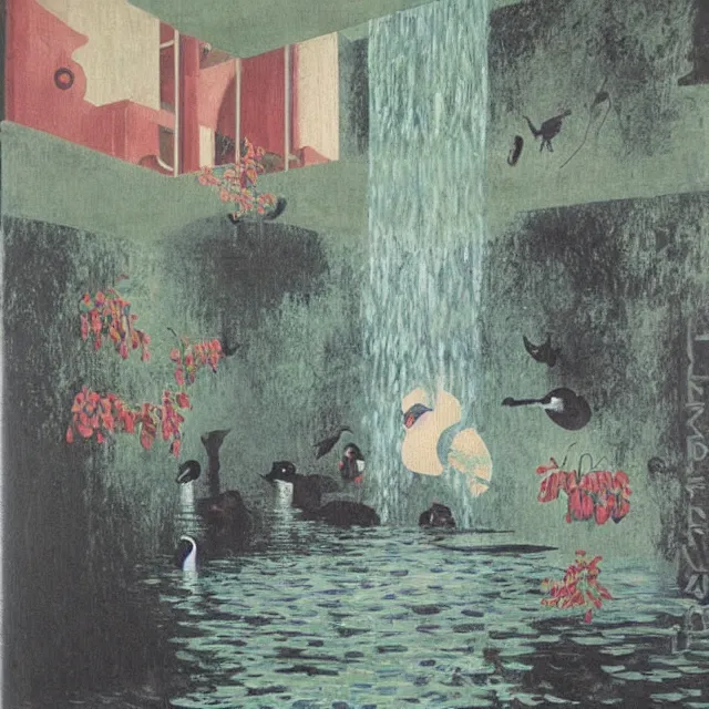 Image similar to painting of flood waters inside an apartment, emo catgirl art student, a river flooding inside, taps with running water, tangelos, zen, pigs, ikebana, water, river, rapids, waterfall, black swans, canoe, pomegranate, berries dripping, acrylic on canvas, surrealist, by magritte and monet