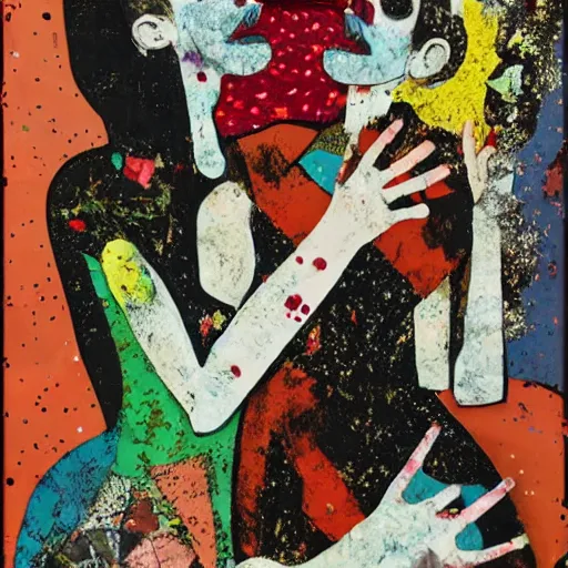 Prompt: two horrifying women kissing at a carnival, mixed media collage, retro, paper collage, magazine collage, acrylic paint splatters, bauhaus, abstract claymation, layered paper art, sapphic visual poetry expressing the utmost of desires by jackson pollock