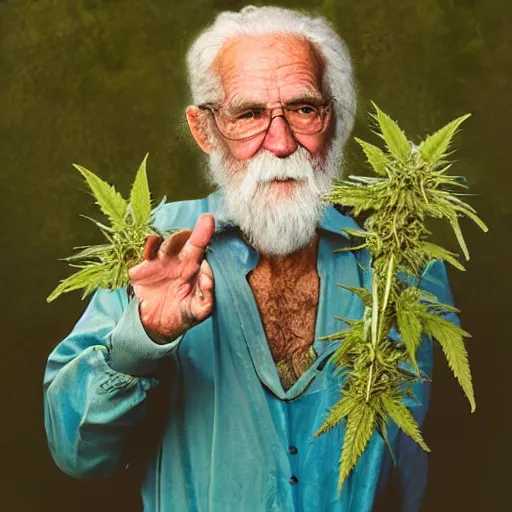Image similar to an 8k digital photograph of an old man in a kings costume standing with a hemp bud in his hands