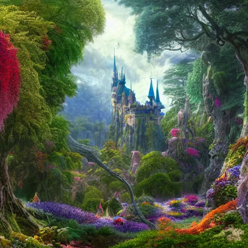 Image similar to a beautiful and highly detailed matte painting of a beautiful castle in a magical fantasy forest garden, psychedelic flowers and trees, colorful vegetation, epic scale, insanely complex, hyperdetailed, sharp focus, hyperrealism, artstation, cgsociety, 8 k, bright colors, by caspar friedrich, albert bierstadt, james gurney, brian froud,