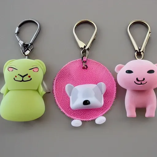 Image similar to some cute plastic toys that look like animal characters hanging from a keychain, laying onto of a doily, white, cream, and light pink