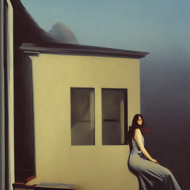 Image similar to portrait of Eva Green on a roof, fog, early morning, , painted by Edward Hopper, painted by Wayne Barlow, airbrush