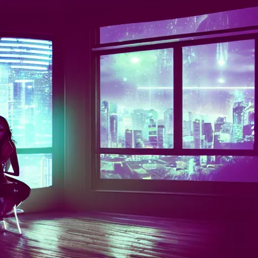 Image similar to synthwave cluttered living room wide shot cyberpunk high tech, cool girl sitting at table, through the window is a cityscape, dramatic lighting, music by vangelis