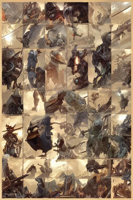 Prompt: 2x2 item concept art showcase grid on flat background of legendary artifact by artgerm and Craig Mullins, James Jean, Andrey Ryabovichev, Mark Simonetti and Peter Morbacher 16k
