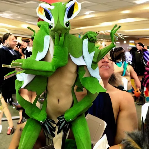 Prompt: praying mantis fursona at a furry convention