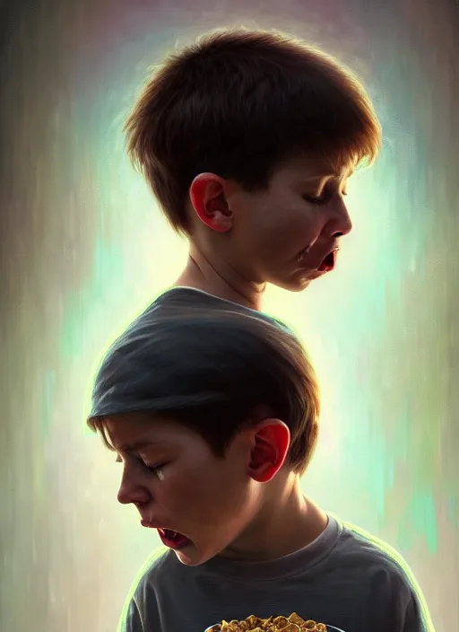 Image similar to moody portrait of a young boy sobbing uncontrollably because he has no more cereal in his bowl, tragedy, path traced, environment, highly detailed, high quality, digital painting, alena aenami, lilia alvarado, shinji aramaki, karol bak, alphonse mucha, tom bagshaw