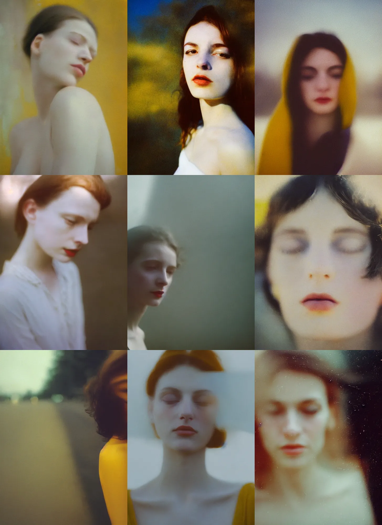 Prompt: out of focus photorealistic portrait of a beautiful aesthetic pale woman by saul leiter, against a bright yellow sky, very blurry, translucent white skin, closed eyes, foggy