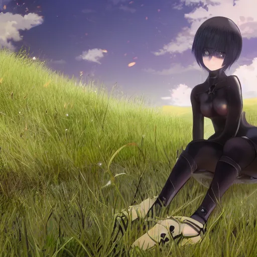 Prompt: beautiful anime scenery with 2B from the Nier Automata series sitting in the grass beautifully detailed face High-Res thicc