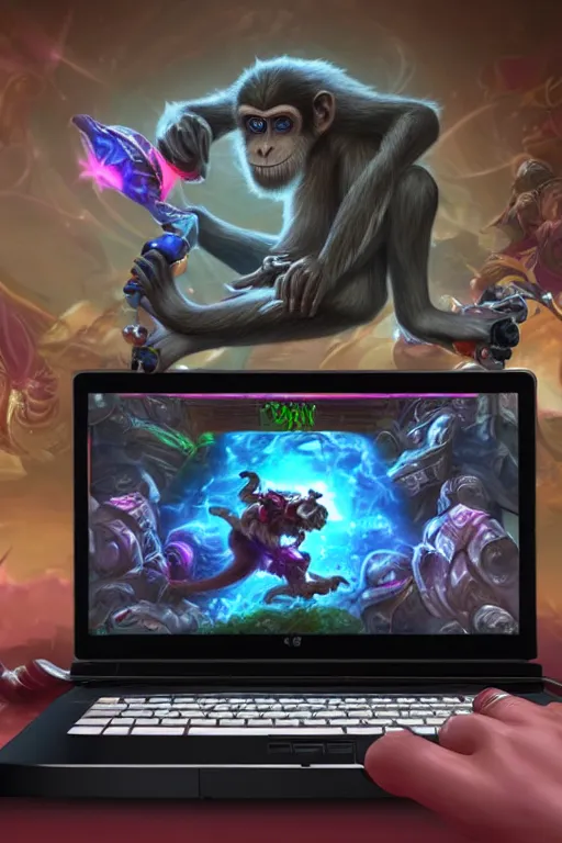 Image similar to A photo of a monkey playing league of legends on a alien ware computer. Photography. Photo realism. Hyper real