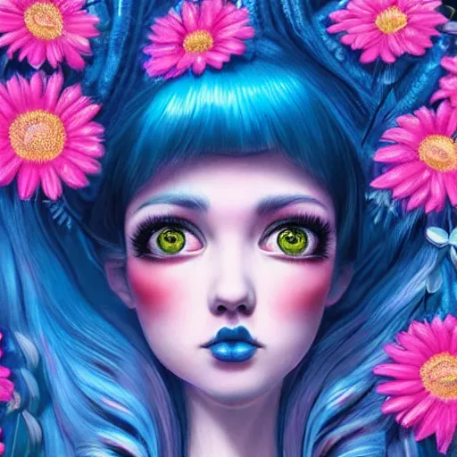 Prompt: intelligent young women with blue hair looking at the camera, she has a beautiful unconventional face, she is surrounded by an explosion of flowers in neon pink and blue intricate, elegant, highly detailed, digital painting, artstation, concept art, pop, smooth, sharp focus, illustration, art by mark ryden 3 d 8 k ultra detailed