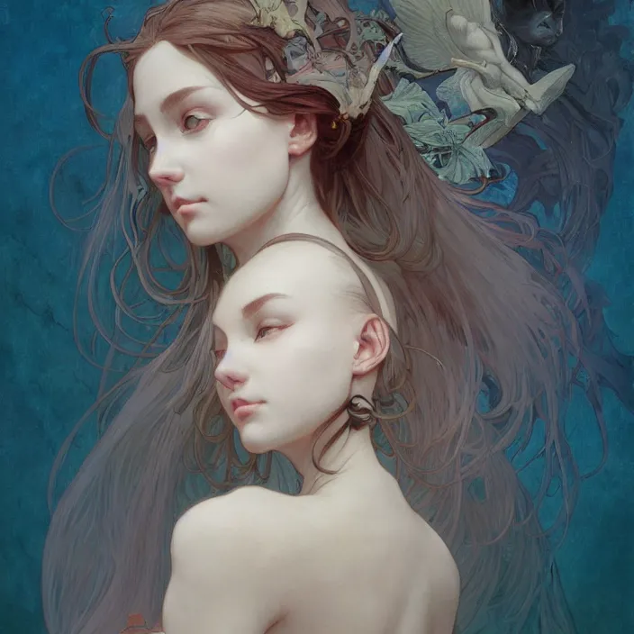 Image similar to A portrait of A cat girl by Ross Tran!!! and alphonse mucha and greg rutkowski! and gustav doré! and Zdzisław Beksiński!,In style of digital art illustration.Symmetry.Highly detailed face.Fantasy,smooth,hyper detailed,sharp focus,Soft light.trending on artstation.4k