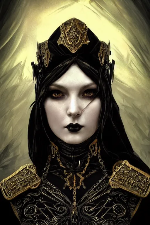 Image similar to beautiful gothic and victorian and luxury and evil young female medieval black armor knight portrait+smoky eyes+front face with light flowing hair, ultradetail face, art and illustration by tian zi and craig mullins and WLOP and alphonse mucha, ssci-fi, fantasy, intricate complexity, human structure, hypermaximalist, fantasy character concept, dynamic lighting, neon light, watermark, blurry, hyperrealism 8k