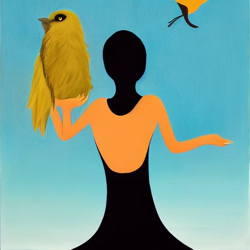 Image similar to Land art. a woman is shown from behind, her body slightly blurred as if in motion. Her long hair cascades down her back, and she is holding a small bird in her hand. alegria 'corporate memphis', foil art by Debbie Criswell, by Richard Hamilton bold, minimalist