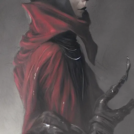 Image similar to masterpiece portrait of a crimson skinned surly and resentful female tiefling thief with pure black eyes and horns wearing a black hooded cloak and a thief's leather garb, by Greg Rutkowski, as seen on ArtStation, 4k, dungeons and dragons, very aesthetic, very detailed, intricate, unreal, fantasy, dramatic, painterly, artstation, sharp focus, smooth